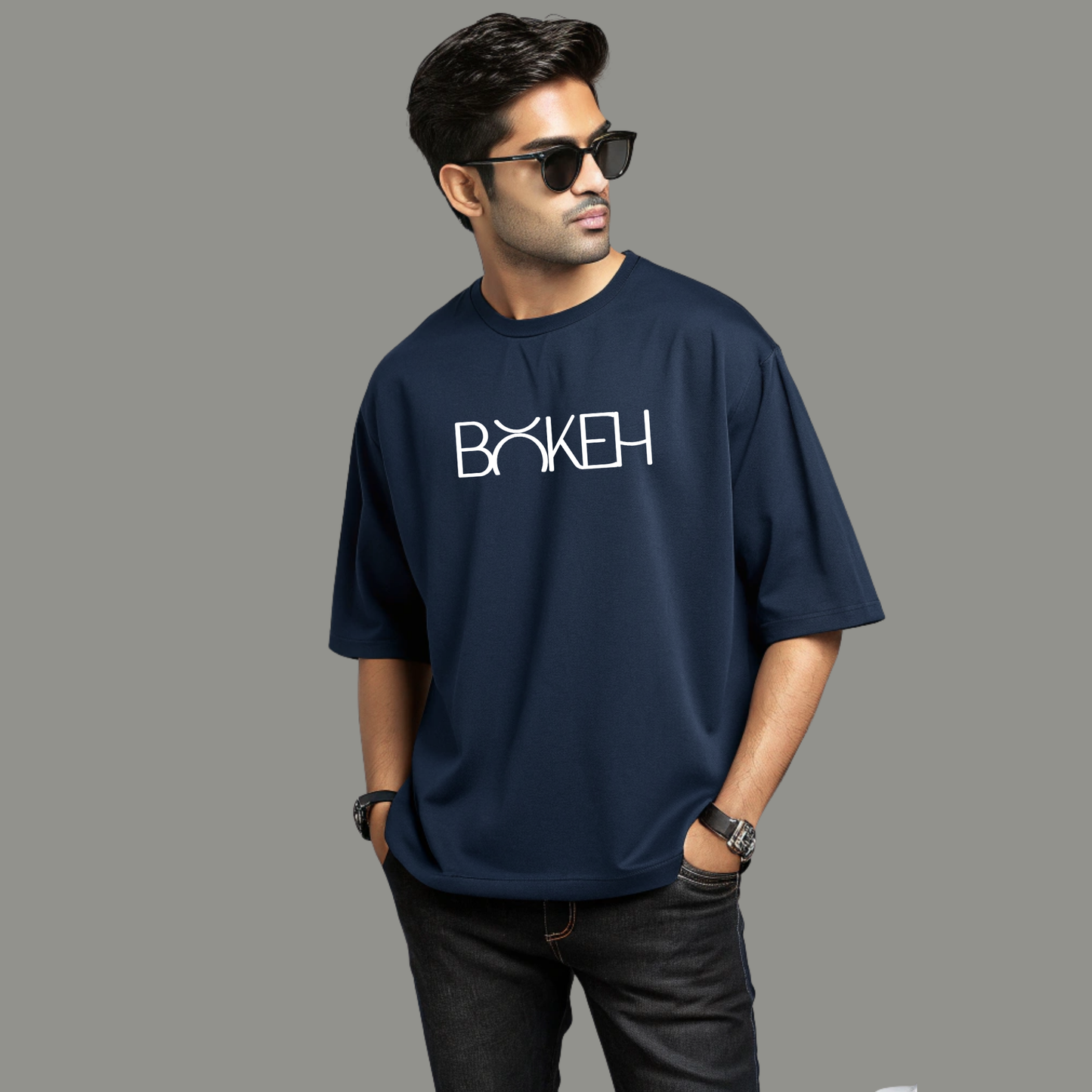Dark Blue Drop Shoulder Premium Cotton Bokeh T-Shirt