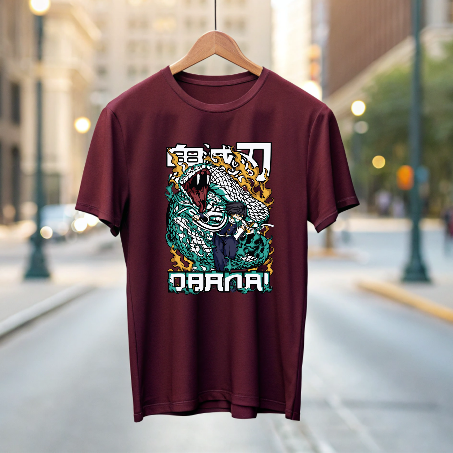 Maroon Drop Shoulder Premium Cotton Anime Snake Graphic T-Shirt