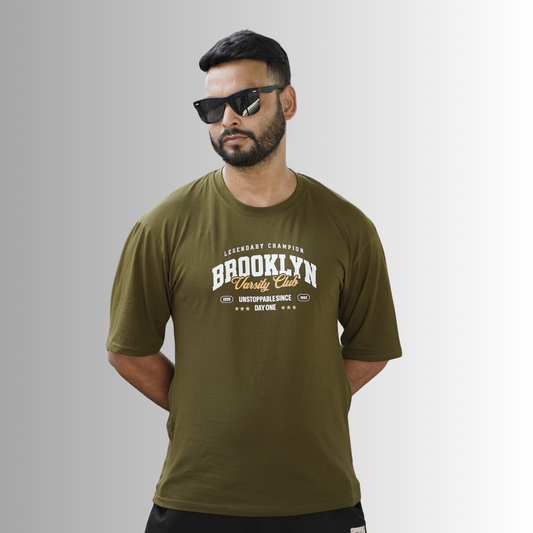 Brooklyn Varsity Green Olive  Drop Shoulder T-Shirt
