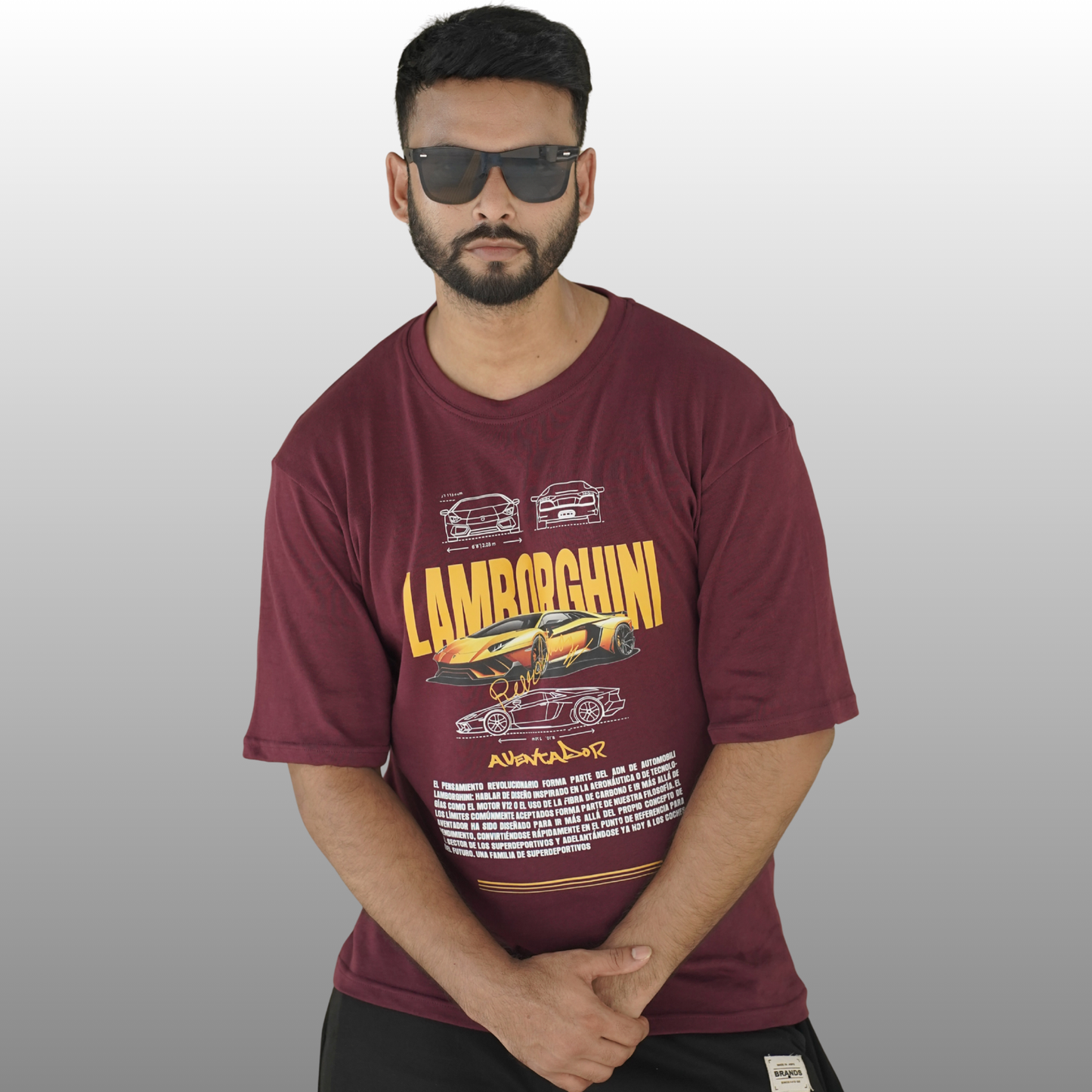 Maroon Drop Shoulder Premium Cotton Lamborghini Graphic T-Shirt