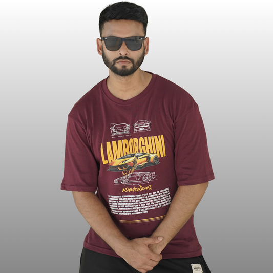 Maroon Drop Shoulder Premium Cotton Lamborghini Graphic T-Shirt
