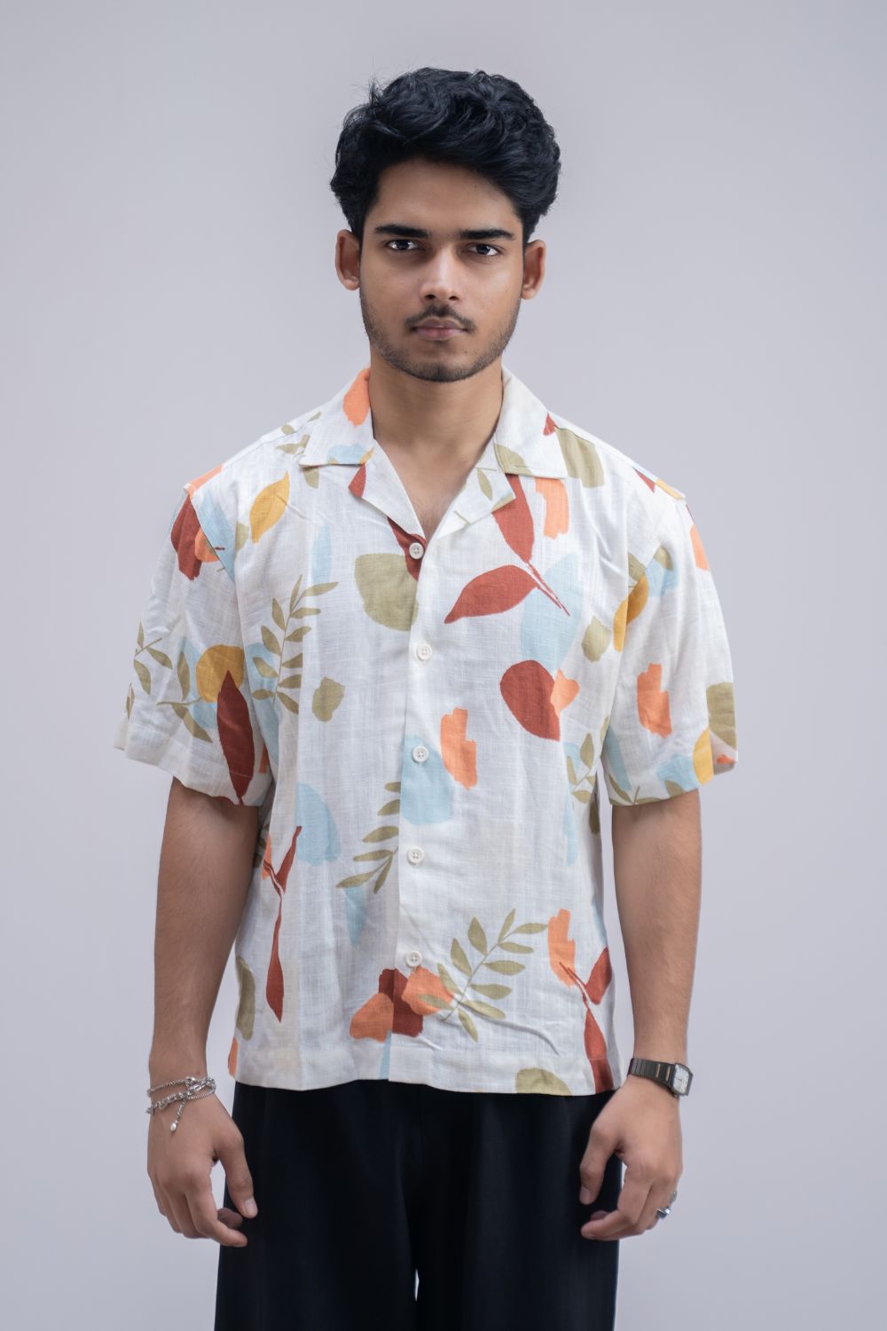 Earthy Blossom | Cuban Collar Boxy Shirt