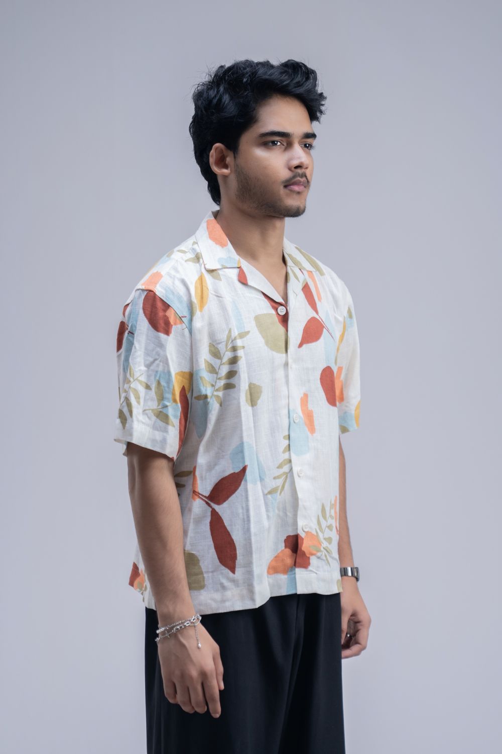 Earthy Blossom | Cuban Collar Boxy Shirt