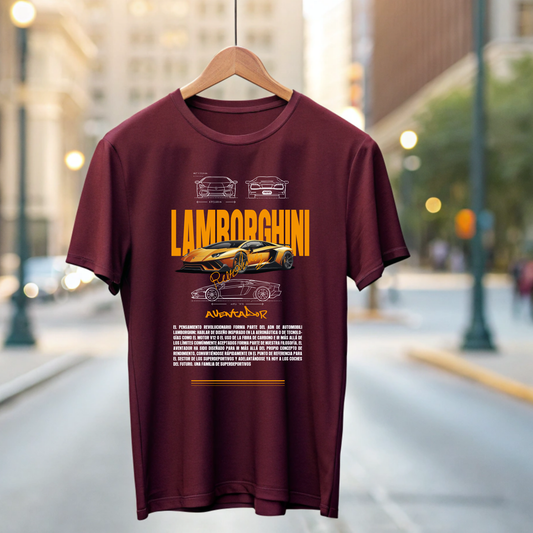 Maroon Drop Shoulder Premium Cotton Lamborghini Graphic T-Shirt