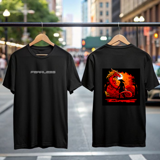 Black Drop Shoulder Premium Cotton Oversized Fearless Dragon Graphic T-Shirt