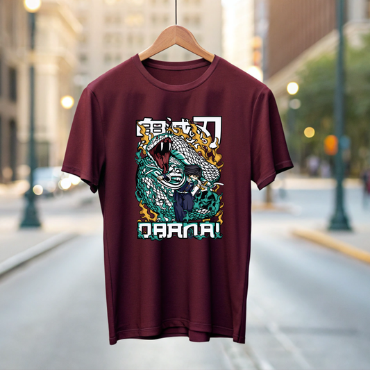 Maroon Drop Shoulder Premium Cotton Anime Snake Graphic T-Shirt