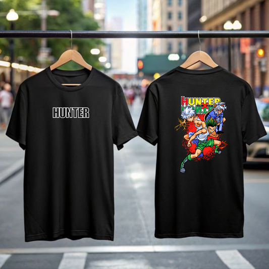 Black Drop Shoulder Premium Cotton Oversized Hunter Anime Graphic T-Shirt