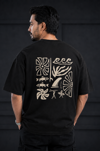 Round Neck ARAM  Drop Shoulder | Black wave T shirt