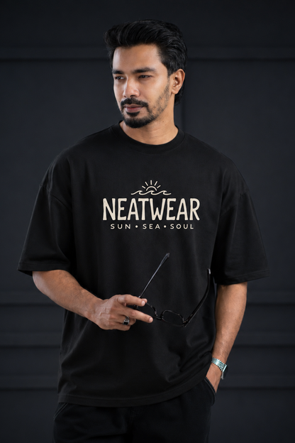 Round Neck ARAM  Drop Shoulder | Black wave T shirt