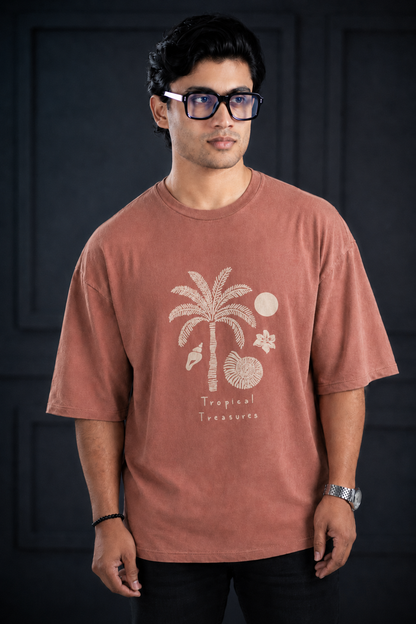 Round Neck ARAM  Drop Shoulder | Brown Plant Design Tee