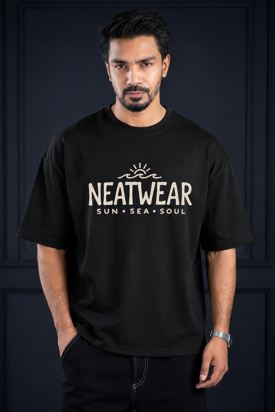 Round Neck ARAM  Drop Shoulder | Black T shirt Vacation Mood